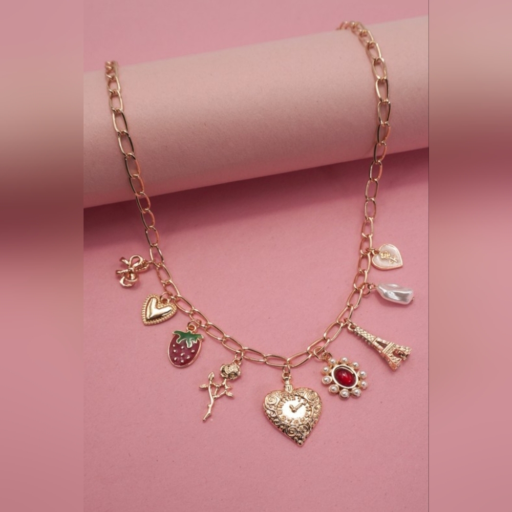 Charm Necklace-heart Bow Rose Strawberry Eiffel